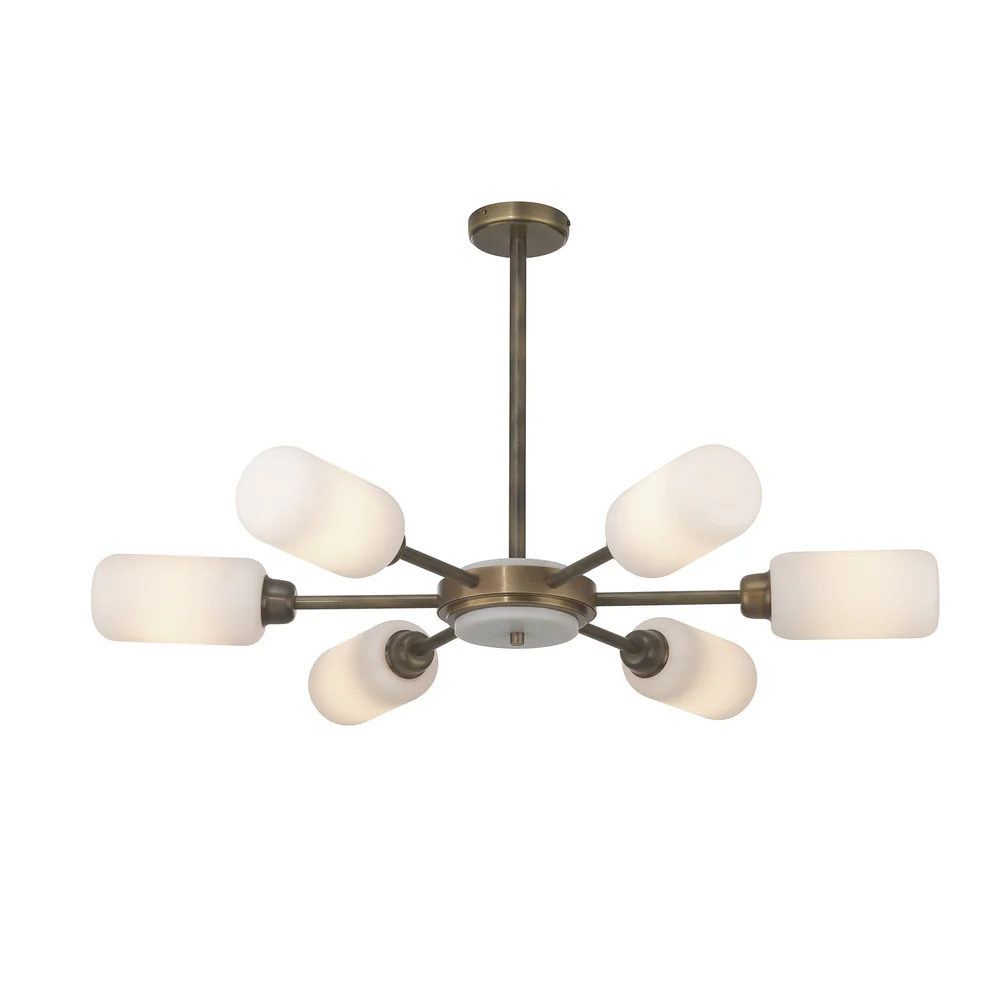Northern Light - Roker 6 Arm Chandelier Ceiling Lights - Old English Brass Light Marble Finish -  Matt Opal Glass Shade