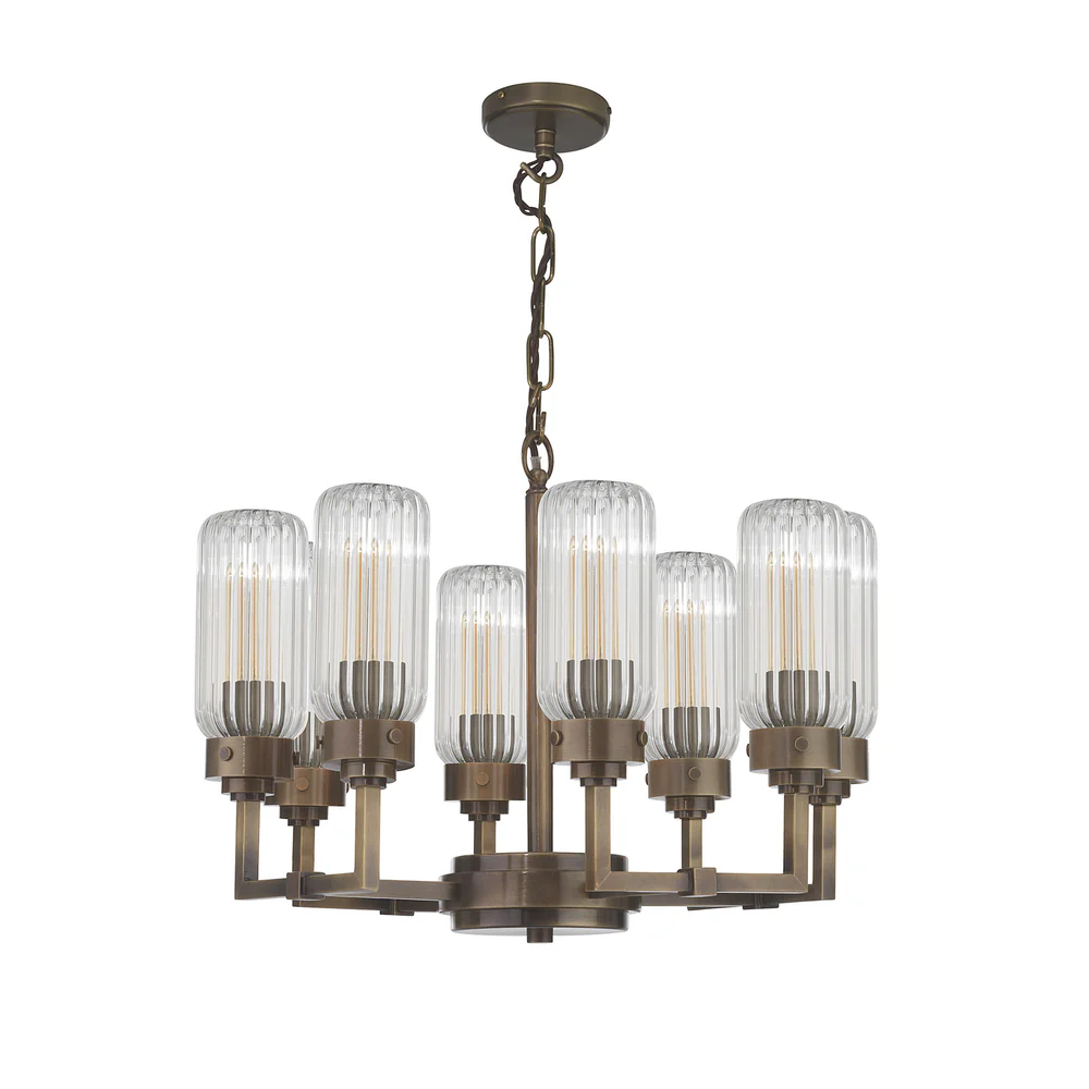 Northern Light - Solti 8 Arm Chandelier Ceiling Lights - Georgian Brass Finish - Clear Fluted Glass Shade