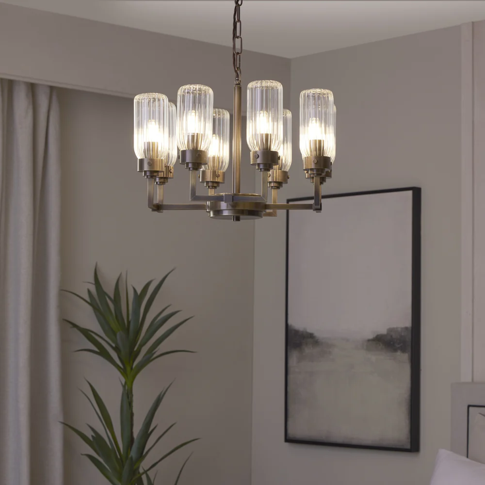 Northern Light - Solti 8 Arm Chandelier Ceiling Lights - Georgian Brass Finish - Clear Fluted Glass Shade
