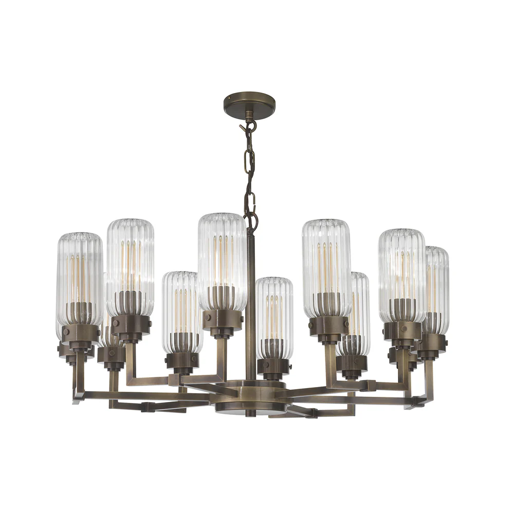 Northern Light - Solti 12 Arm Chandelier Ceiling Lights - Georgian Brass Finish - Clear Fluted Glass Shade
