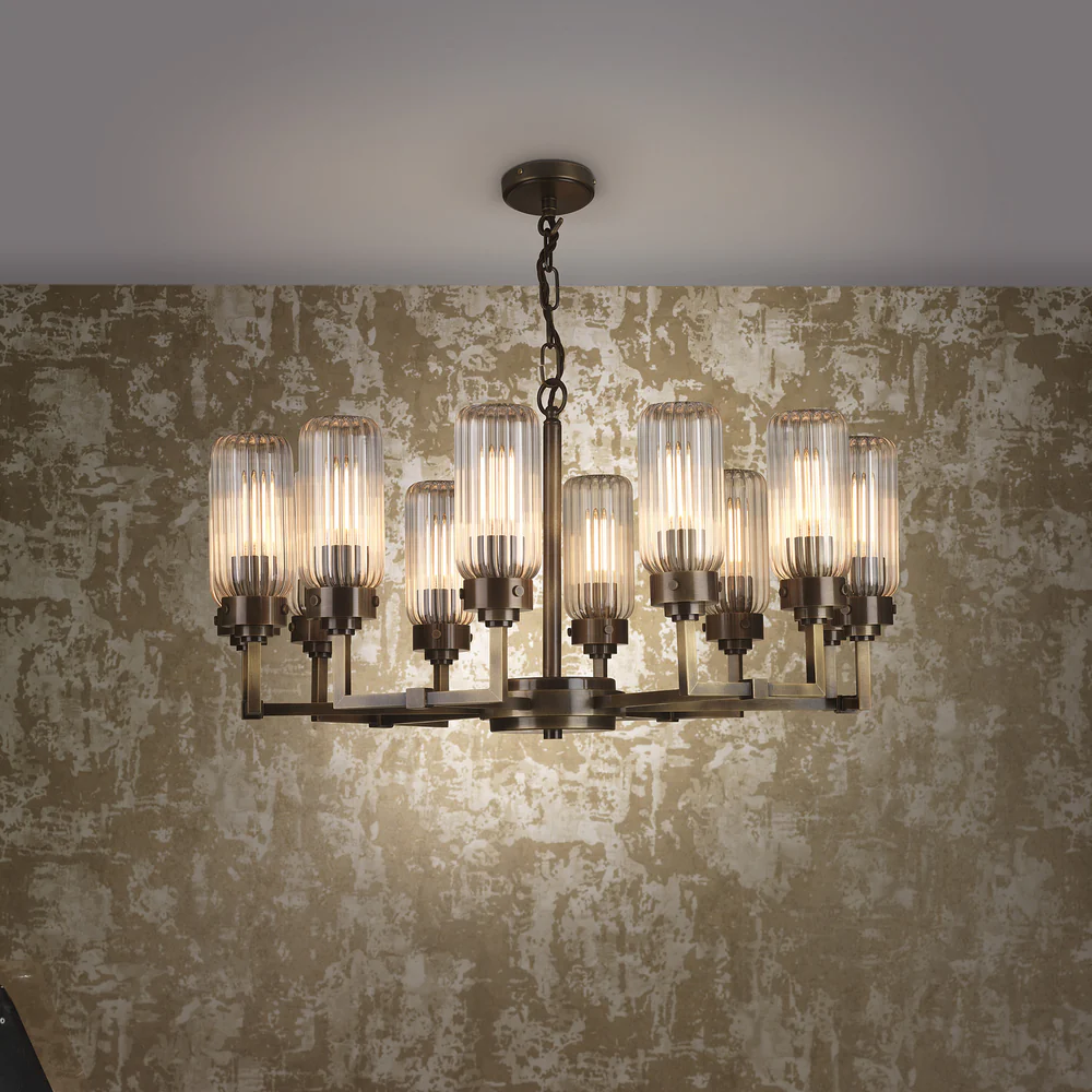 Northern Light - Solti 12 Arm Chandelier Ceiling Lights - Georgian Brass Finish - Clear Fluted Glass Shade