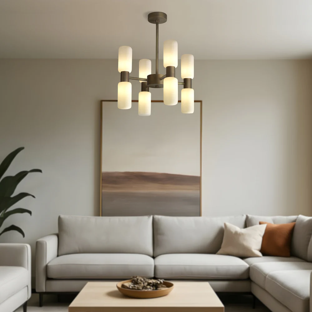 Northern Light - Bartok 4 Arm Chandelier Ceiling Lights - Old English Brass Light Finish - Matt Opal Shade