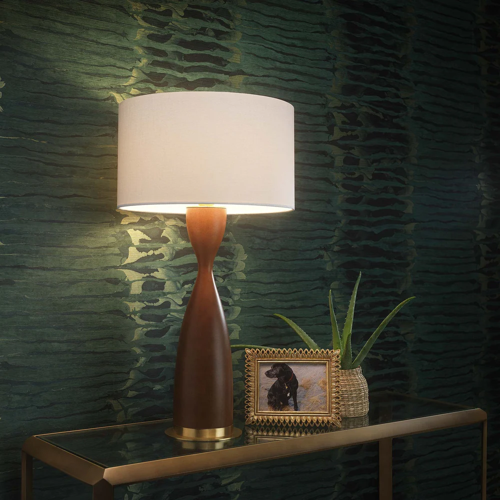 Northern Light - Sisley Table Lamp Large - Medium Oak Brushed Brass Finish - 18" Short Drum Pearl Grey Shade