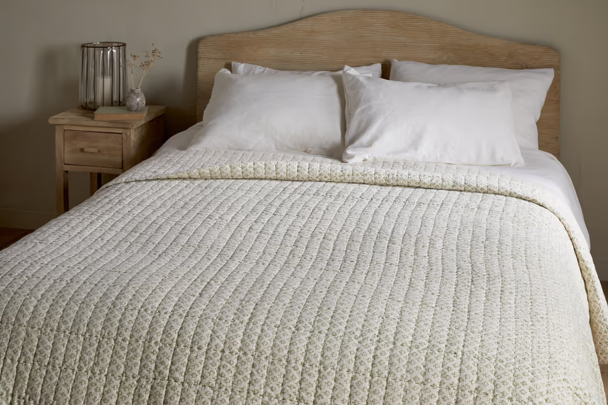 Nkuku - Peplu Cotton & Linen Screen Print Bed Quilt - Sage Green - 220 x 240cm