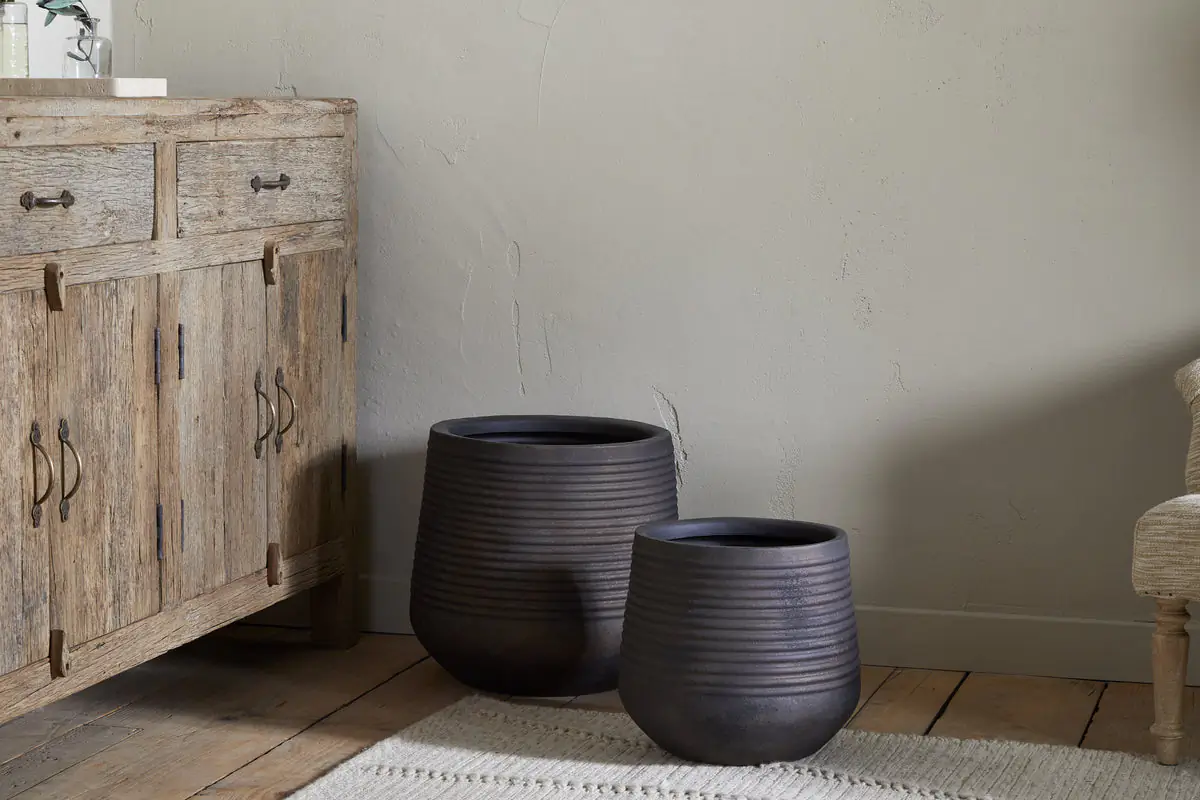 Nkuku - Lmaga Metal Grooved Planter - Aged Black - Large