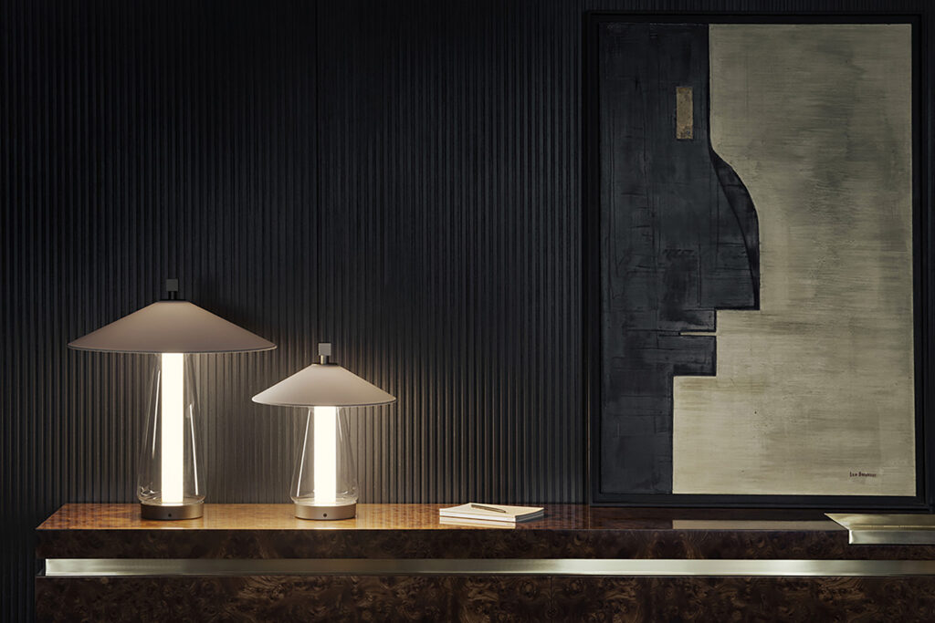 Contardi Asia Table Lamp Medium - Brushed Bronze Nickel Frame - White Cotton Shade - Clear Glass Diffuser