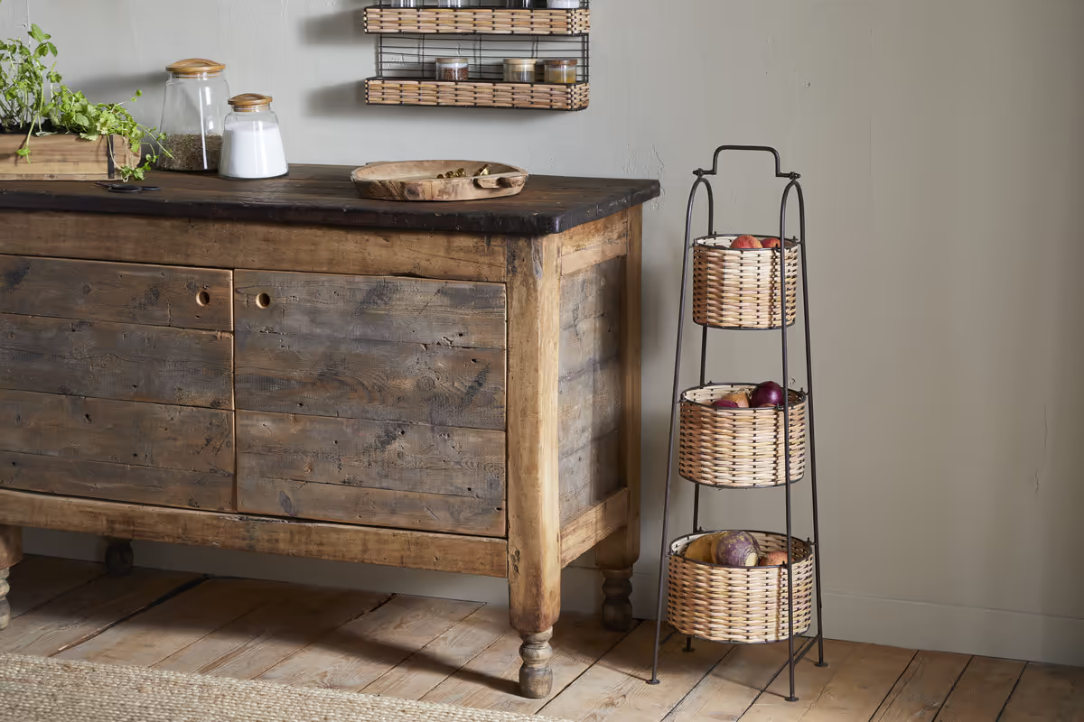 Nkuku - Montali Iron & Rattan Three-Tiered Storage Stand - Natural
