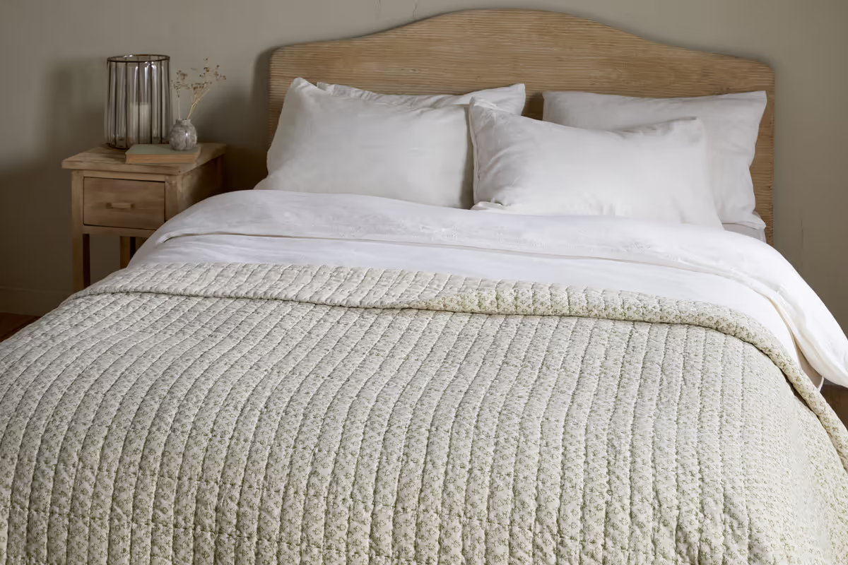 Nkuku - Peplu Cotton & Linen Screen Print Bed Quilt - Sage Green - 220 x 240cm