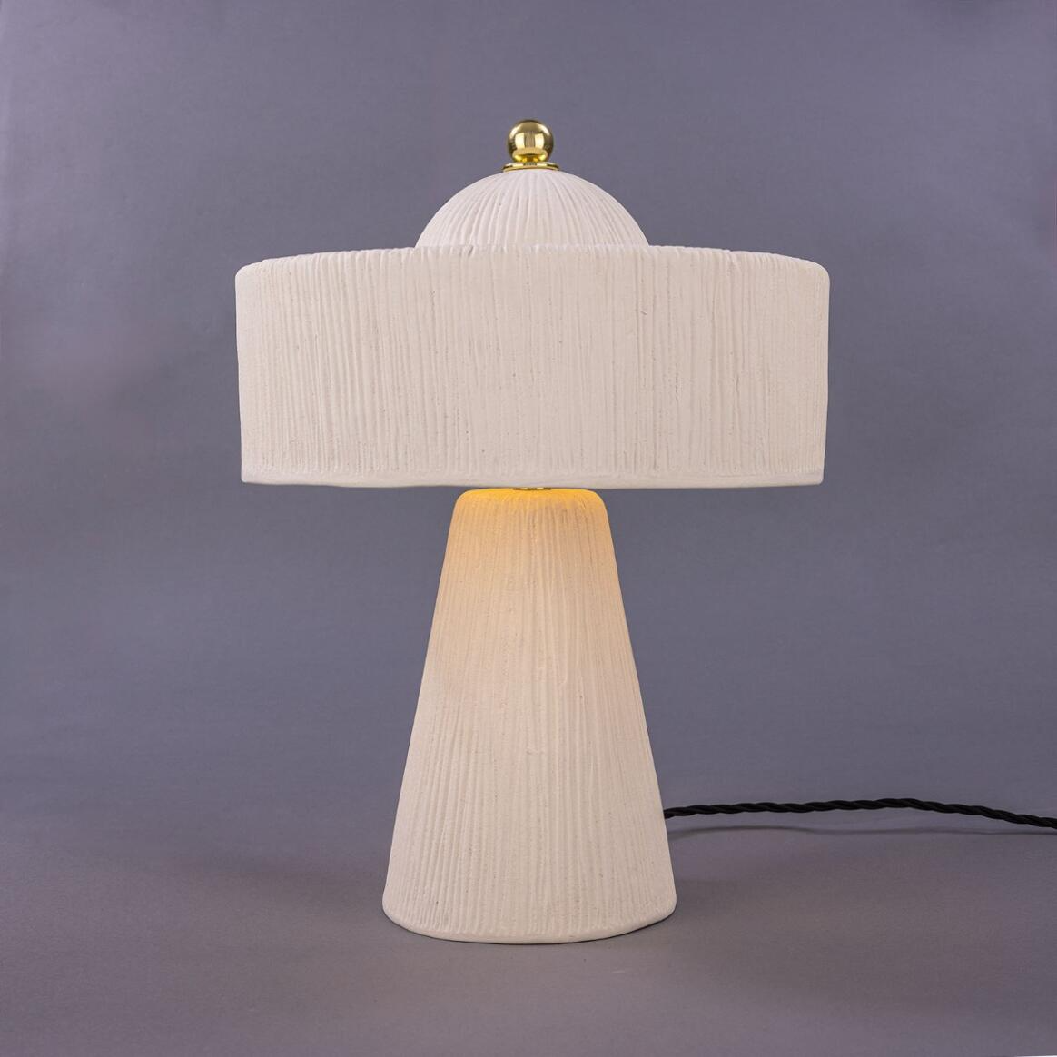 Mullan Seville Ceramic Mid-Century Modern Table Lamp Matte White Striped - Polished Brass Finish