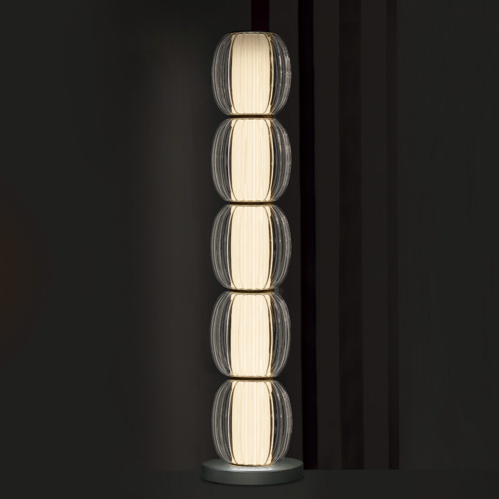 Contardi Alma Floor Lamp - Champagne Frame - Clear Glass Diffuser - White fabric plissé Inside diffuser
