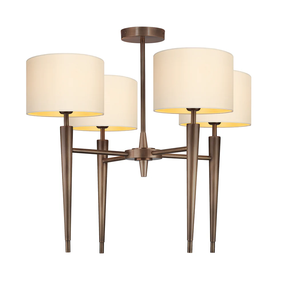Northern Light - Castro 4-Arm Chandelier Ceiling Lights - Oiled Bronze Finish - 8 Short Drum - Ivory Silk Gold Lining Shade