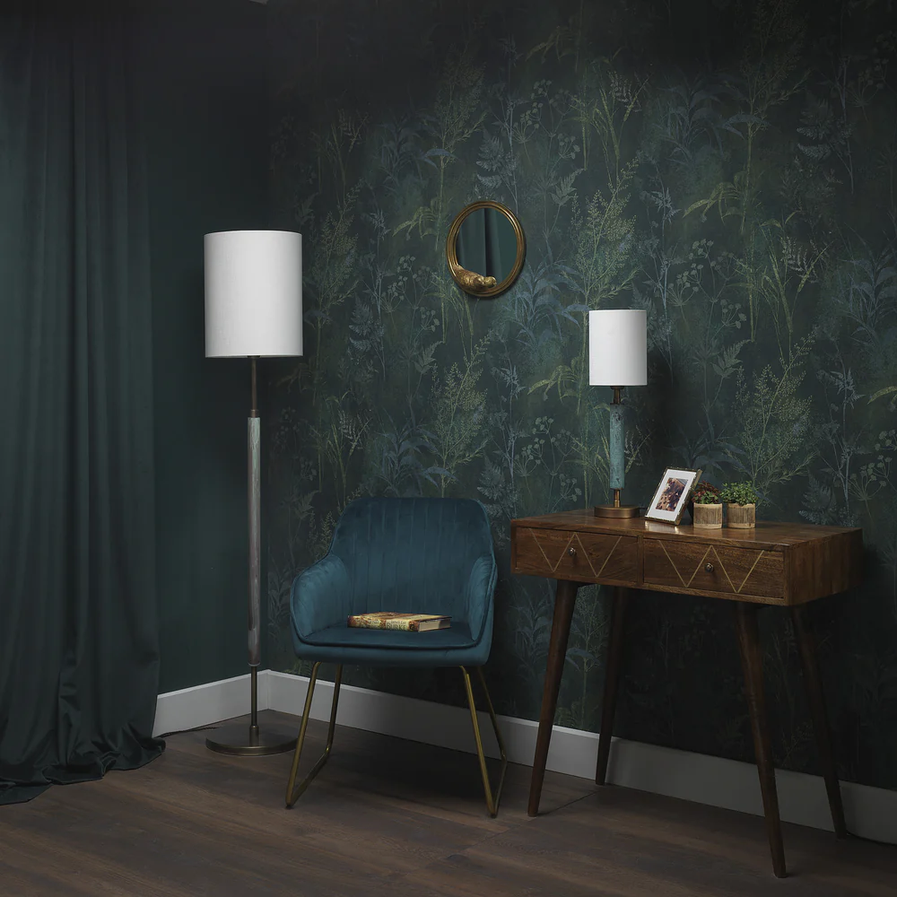 Northern Light - Rathburn Table Lamp Medium - Verdigris Rich Bronze Finish - 8" Slim Drum Pearl Grey Shade