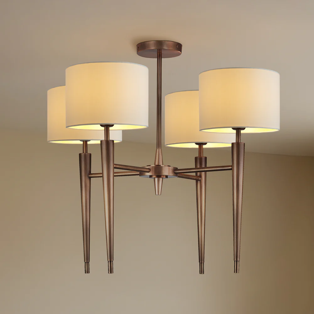 Northern Light - Castro 4-Arm Chandelier Ceiling Lights - Oiled Bronze Finish - 8 Short Drum - Ivory Silk Gold Lining Shade