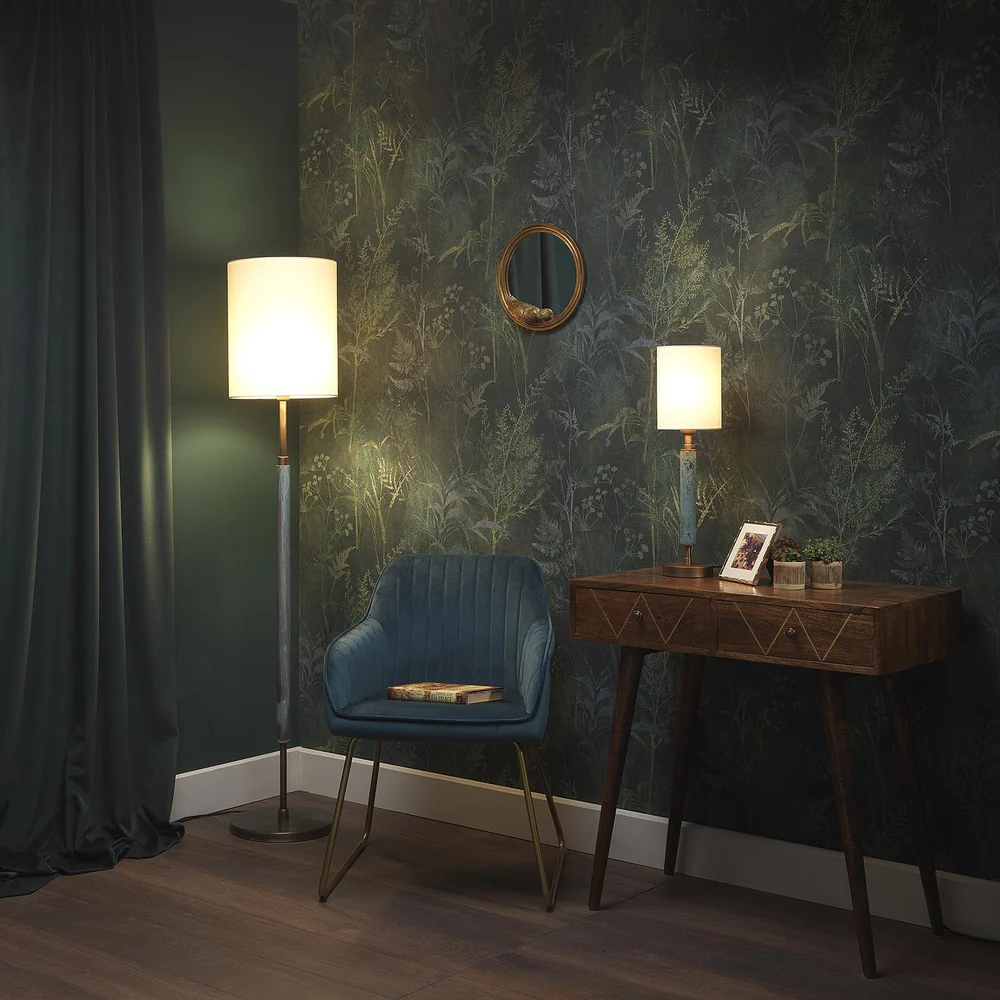 Northern Light - Rathburn Table Lamp Medium - Verdigris Rich Bronze Finish - 8" Slim Drum Pearl Grey Shade