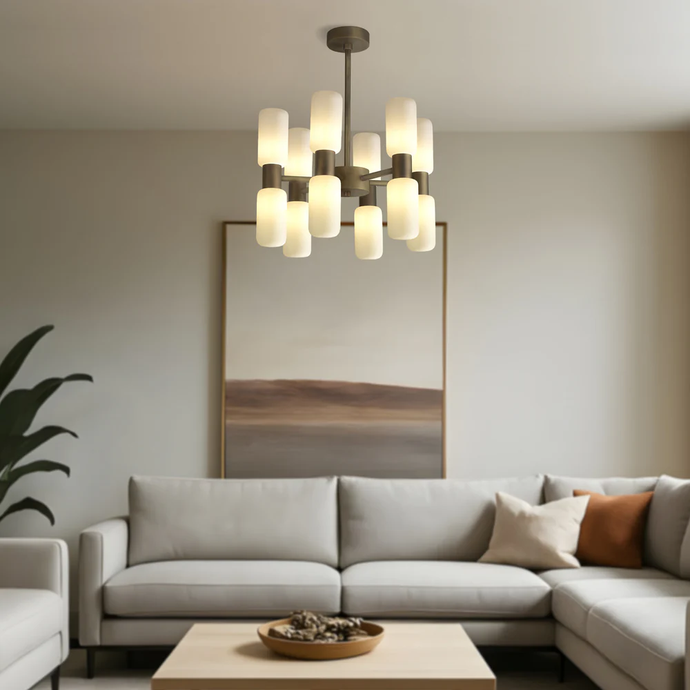 Northern Light - Bartok 6 Arm Chandelier Ceiling Lights- Old English Brass Light Finish - Matt Opal Shade