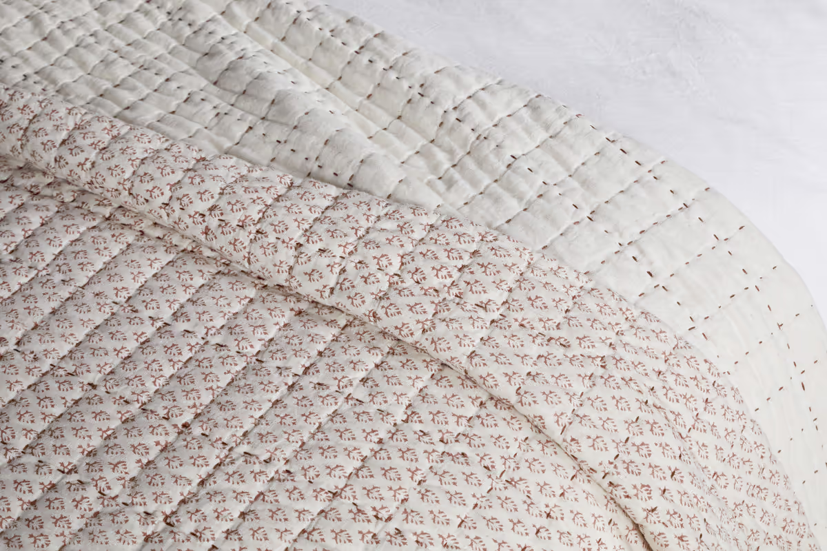Nkuku - Peplu Cotton & Linen Screen Print Bed Quilt - Rust - 220 x 240cm
