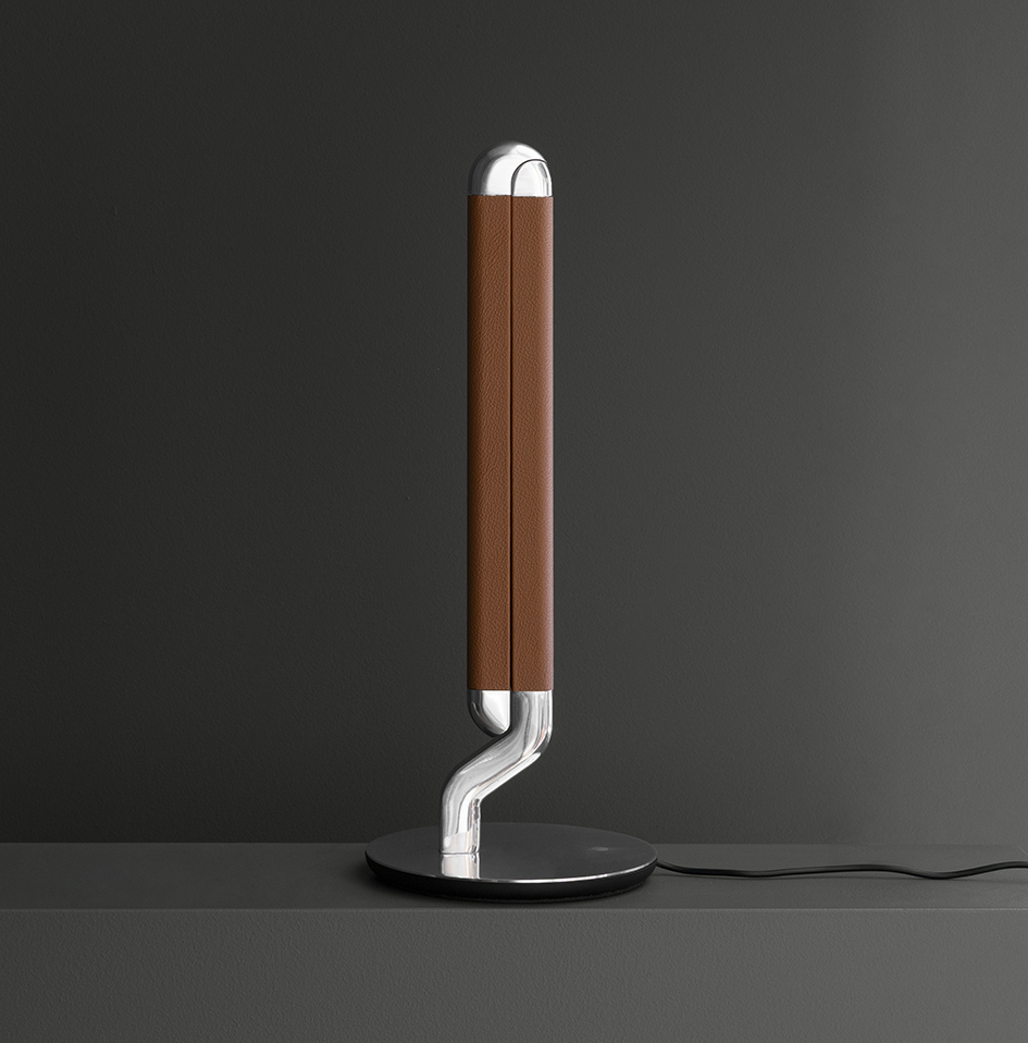 Contardi Picchio Table Light - Polished Alluminium With Cognac Leather Frame