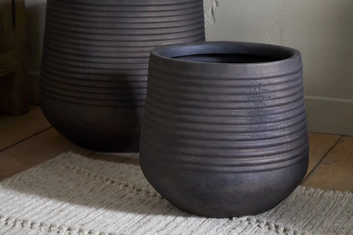 Nkuku - Lmaga Metal Grooved Planter - Aged Black - Small