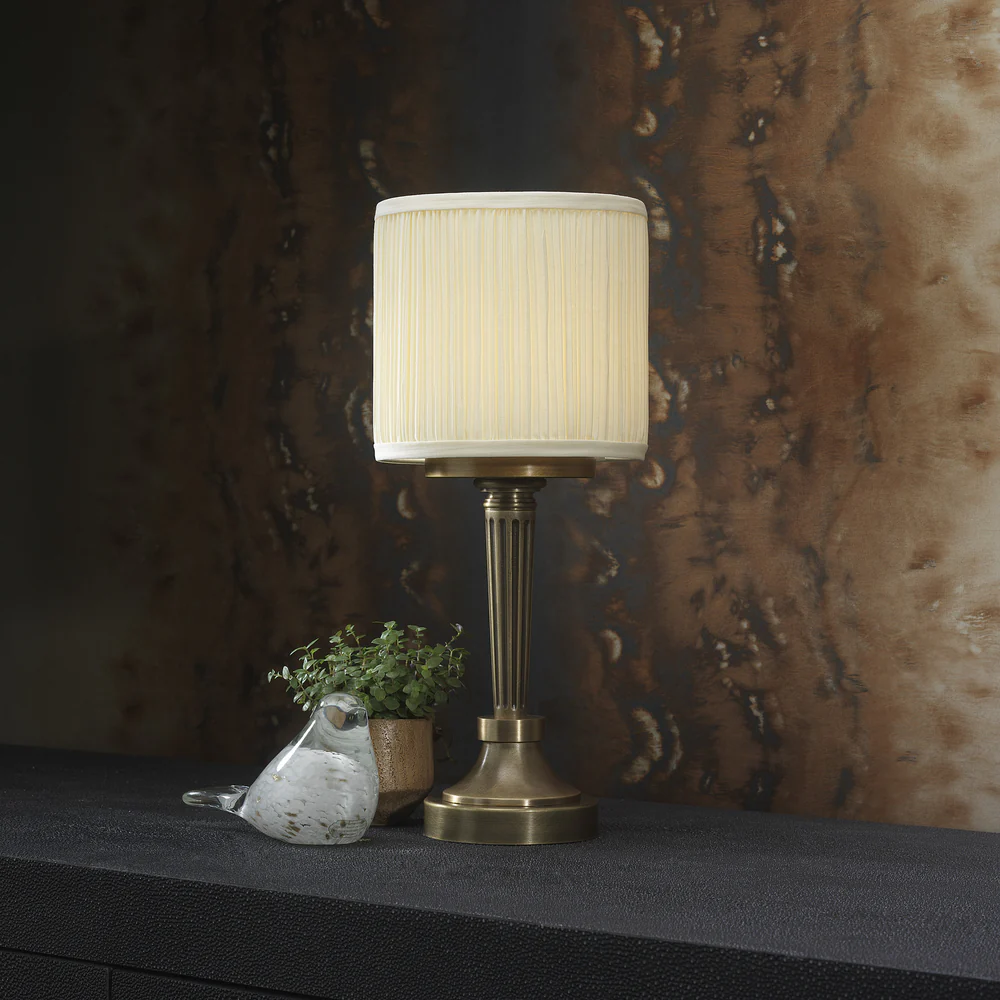 Northern Light - Chelton Rechargeable Table Lamp - Old English Brass Light Finish - 6" Pleated Drum Ivory Cotton Shade