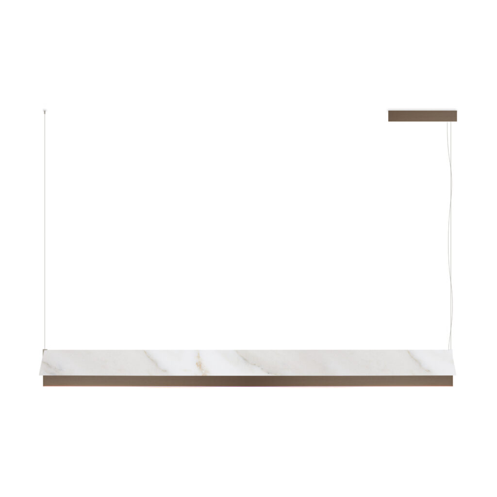 Contardi Lighting Fly Suspension Lamp - L.170 - Brushed Bronze-Nickel - White Calacatta Marble Printed Fabric