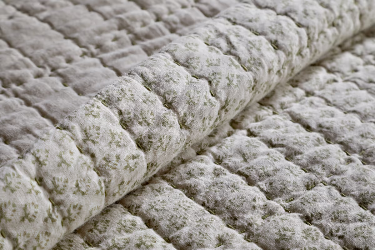 Nkuku - Peplu Cotton & Linen Screen Print Bed Quilt - Sage Green - 220 x 240cm