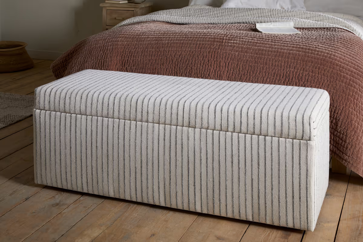 Nkuku - Sanja Stripe Cotton & Linen Upholstered Storage Bench - Grey