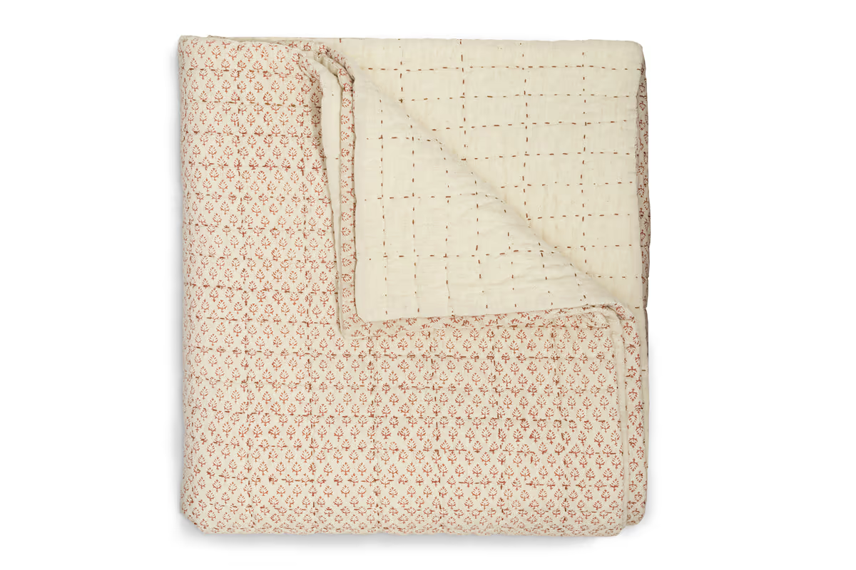 Nkuku - Peplu Cotton & Linen Screen Print Bed Quilt - Rust - 220 x 240cm