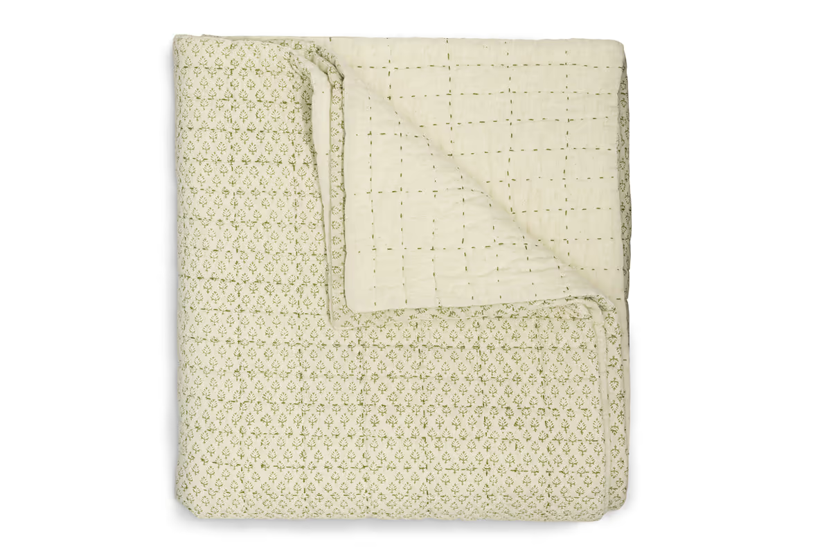 Nkuku - Peplu Cotton & Linen Screen Print Bed Quilt - Sage Green - 220 x 140cm
