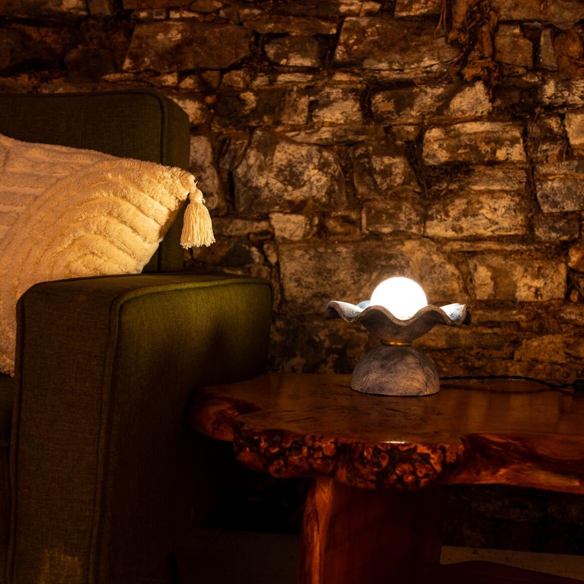 Mullan Rivale Table Lamp with Wavy Ceramic Shade Blue Earth - Satin Brass Finish