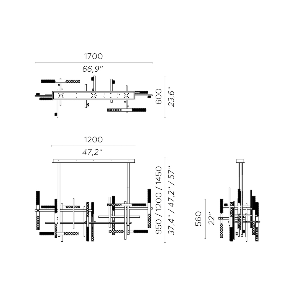 Contardi Lighting Mikado Double Suspension Lamp - H. 1450 - Satin Brass - Transparent Crystal Engraved / Prismatic