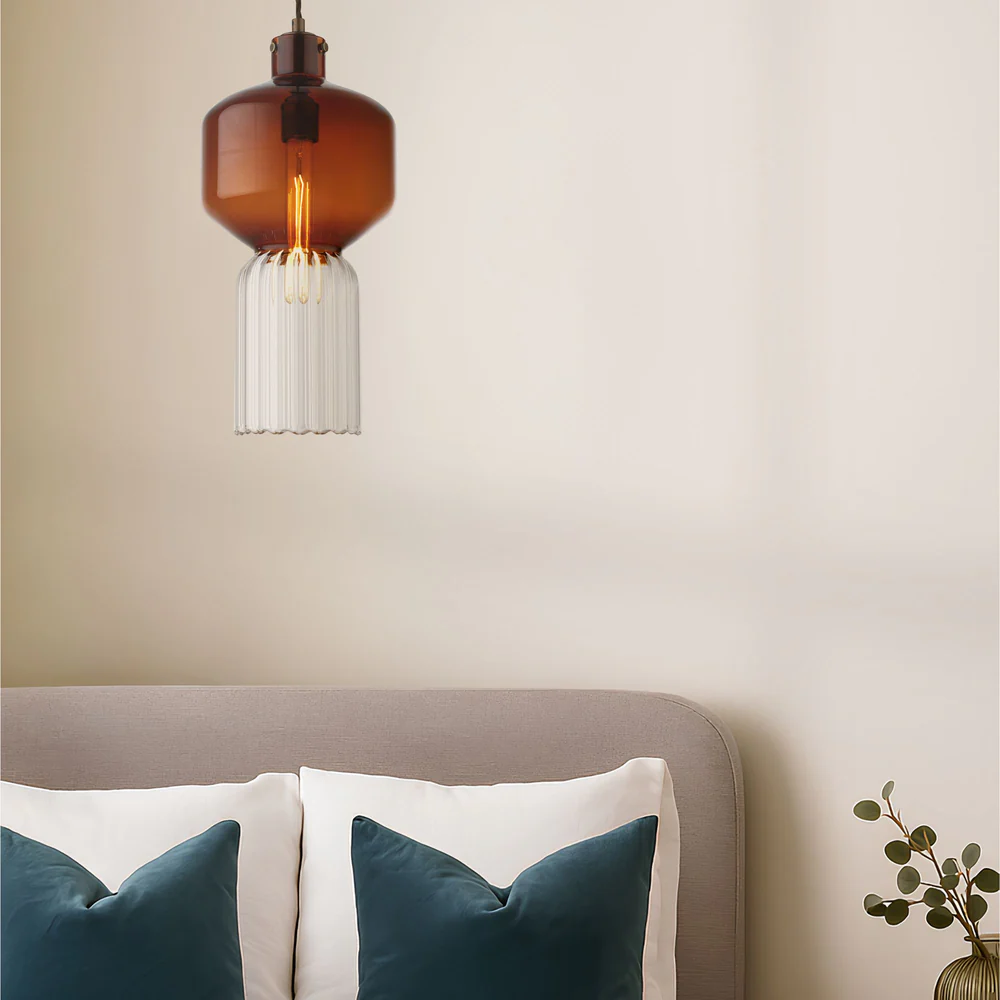 Northern Light - Corvus Pendant Ceiling Lights - Rich Bronze Finish - Amber Glass Shade