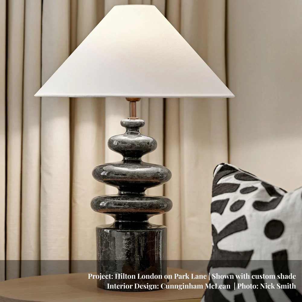Northern Light - Mareto Table Lamp - Onyx Reactive Glaze Rich Bronze Finish - 18" Short Drum Saxon Oyster Linen Shade