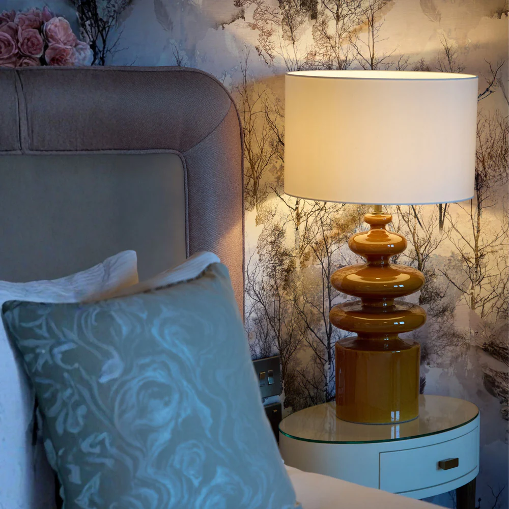 Northern Light - Mareto Table Lamp - Tobacco Reactive Glaze Rich Bronze Finish - 18" Short Drum Saxon Oyster Linen Shade