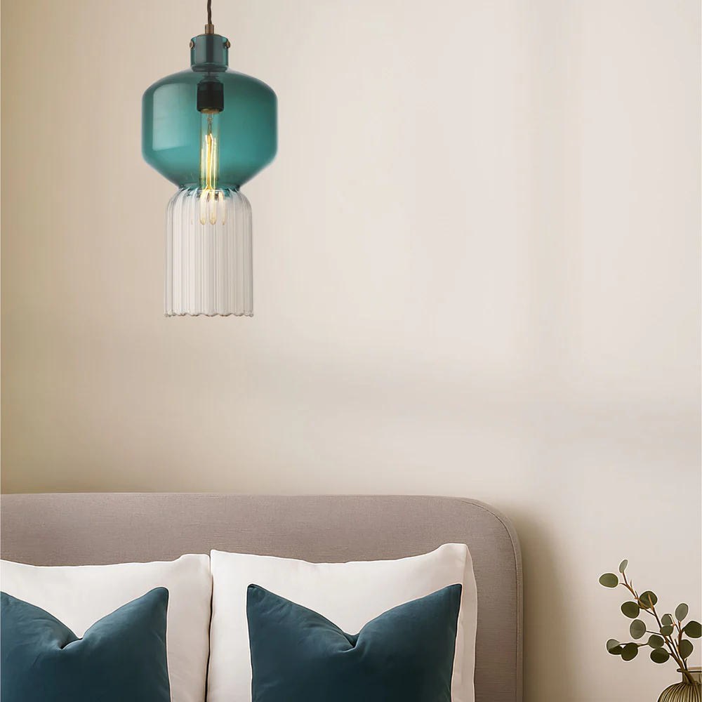 Northern Light - Corvus Pendant Ceiling Lights - Rich Bronze Finish - Teal Glass Shade