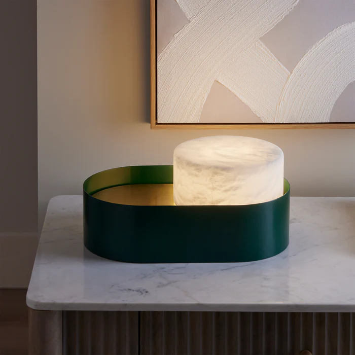 Northern Light - Windermere Alabaster Table Lamp - Green Brushed Brass Finish - White Alabaster Drum 180mm Shade