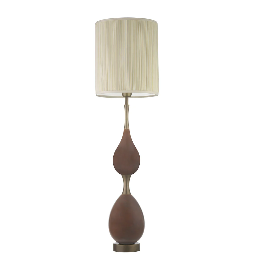 Northern Light - Taylor Table Lamp Large - Rose Teak Old English Brass Light Finish - 10" Slim Drum Cotton Ivory Pleat Shade
