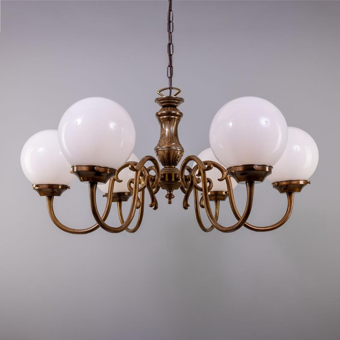 Mullan Carnew Traditional Chandelier with Opal Glass Globes Six-Arm - Antique Brass Finish