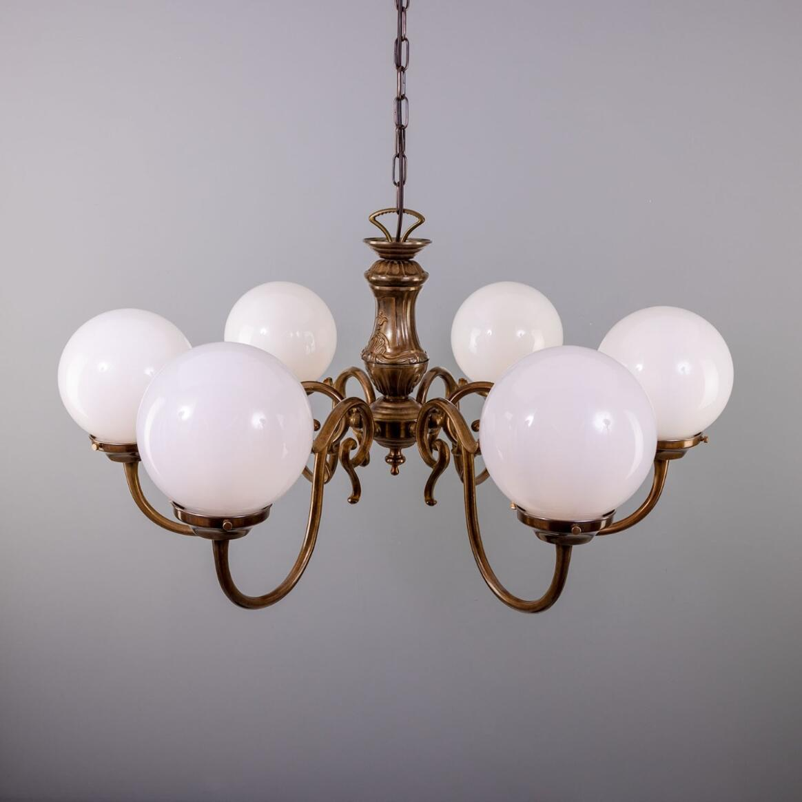 Mullan Carnew Traditional Chandelier with Opal Glass Globes Six-Arm - Antique Brass Finish