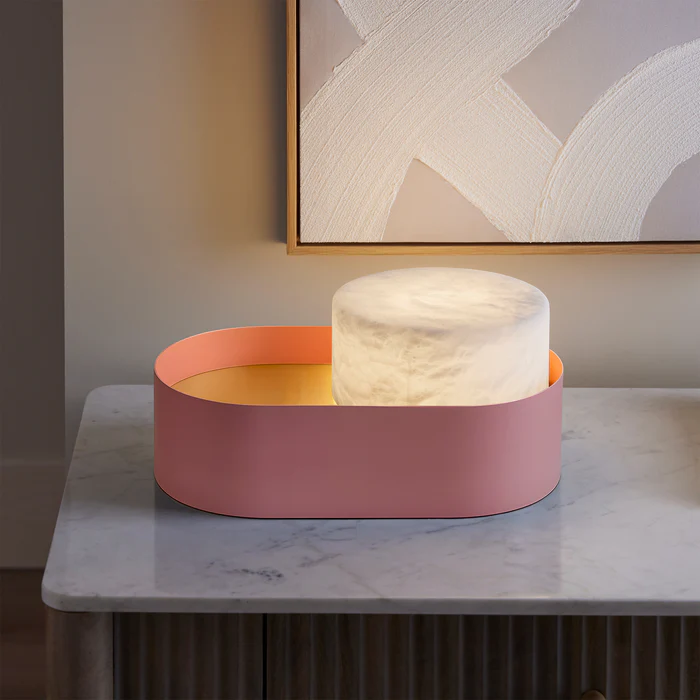 Northern Light - Windermere Alabaster Table Lamp - Pink Brushed Brass Finish - White Alabaster Drum 180mm Shade