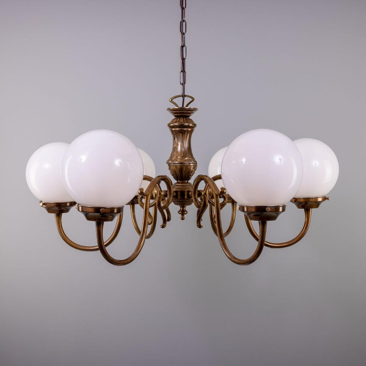 Mullan Carnew Traditional Chandelier with Opal Glass Globes Six-Arm - Antique Brass Finish