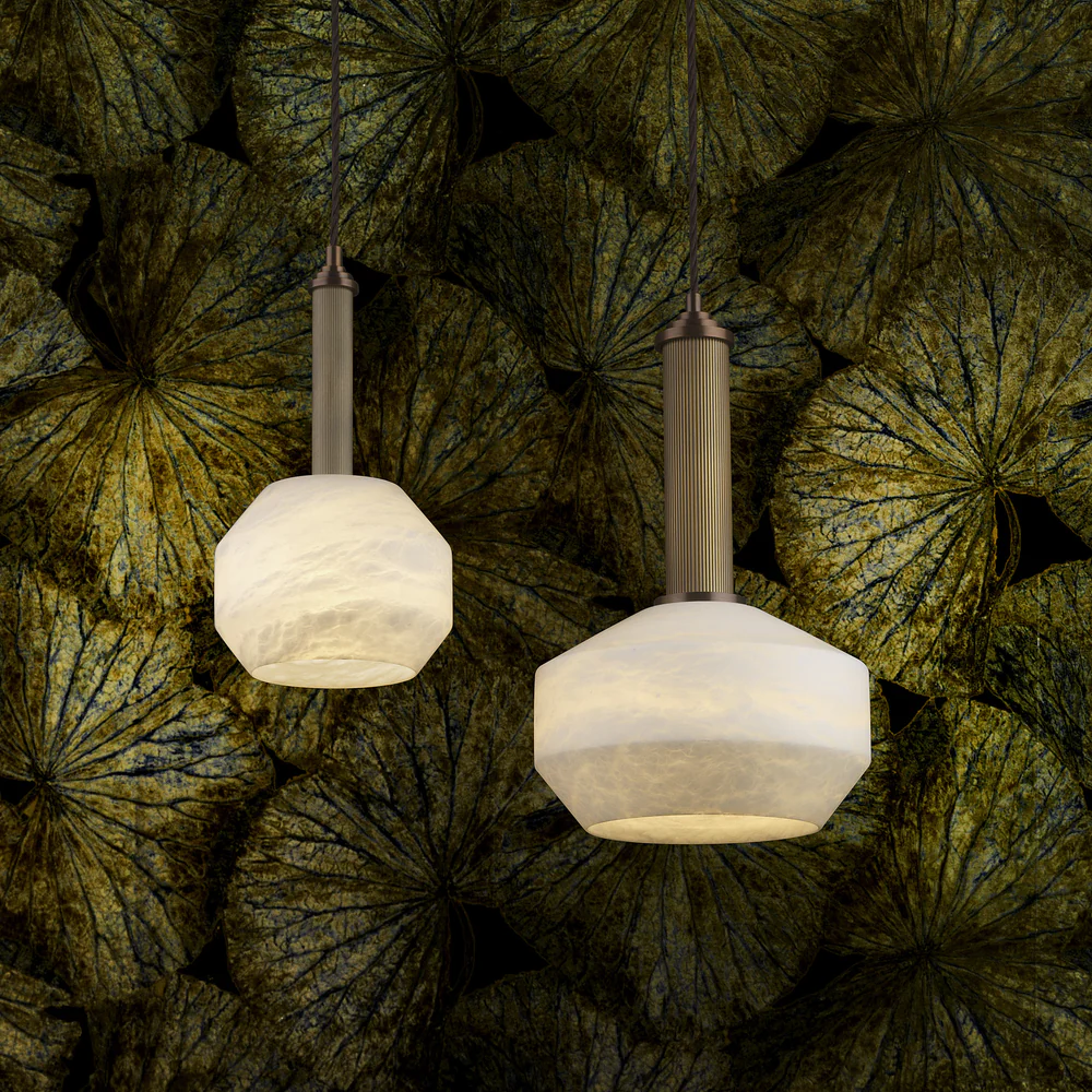 Northern Light - Caldera Pendant Large Ceiling Lights - Rich Bronze Old English Brass Light Finish - White Alabaster Shade