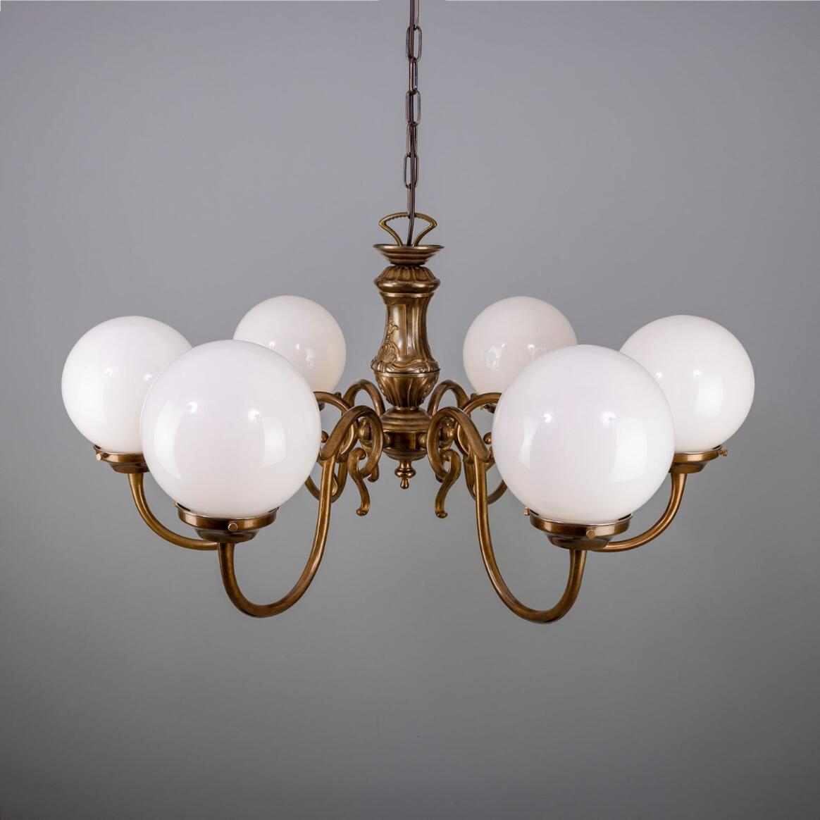Mullan Carnew Traditional Chandelier with Opal Glass Globes Six-Arm - Antique Brass Finish