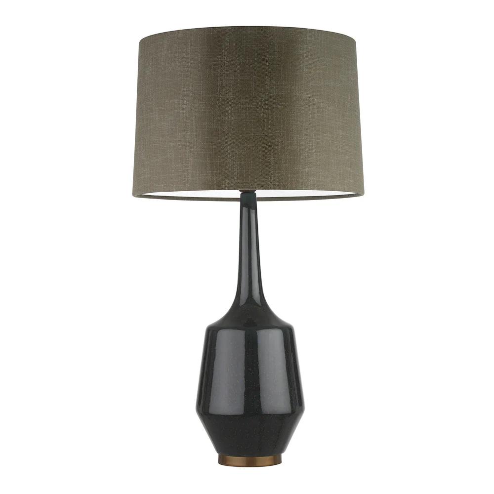 Northern Light - Lorca Table Lamp - Midnight Teal Reactive Glaze Old English Brass Light Finish - 18" Soho Drum Helsinki Connaught Linen Shade