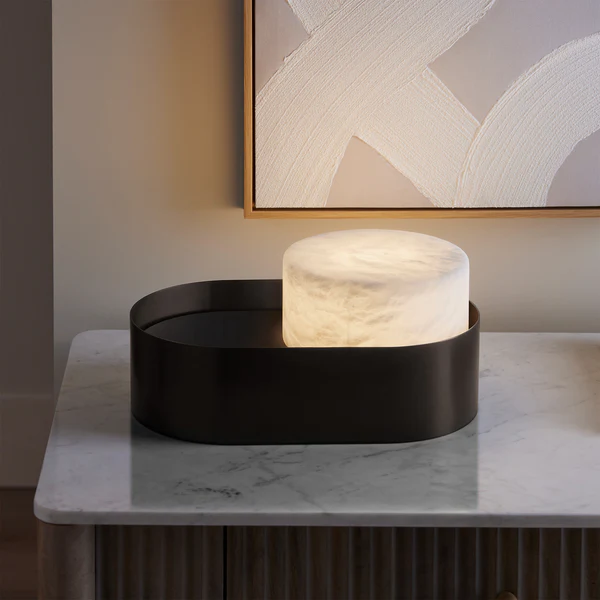 Northern Light - Windermere Alabaster Table Lamp - Matt Black Finish - White Alabaster Drum 180mm Shade