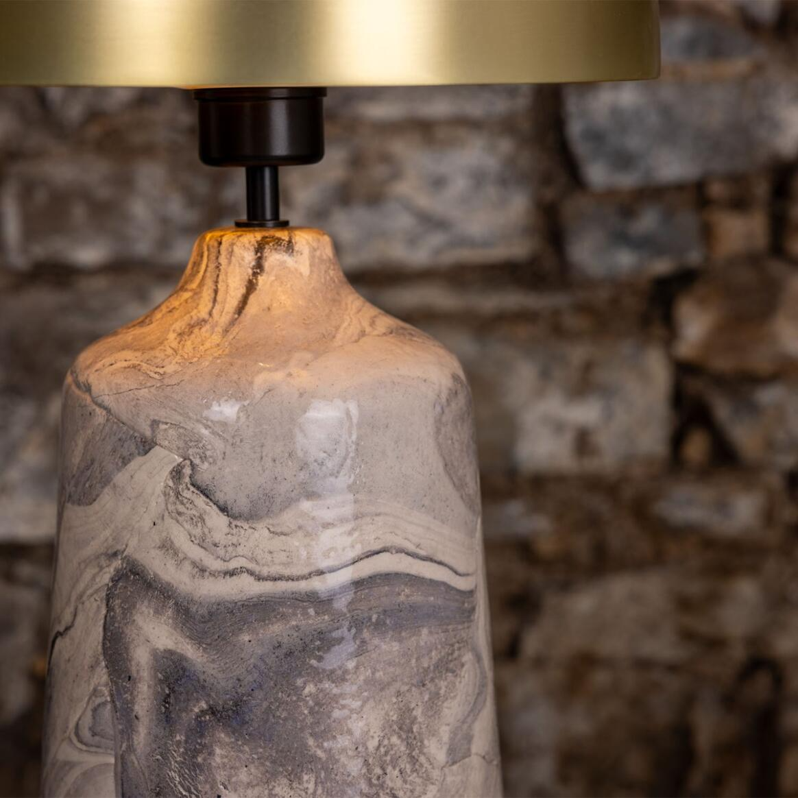 Mullan Cassia Tall Ceramic Marbled Table Lamp With Polished Brass Shade