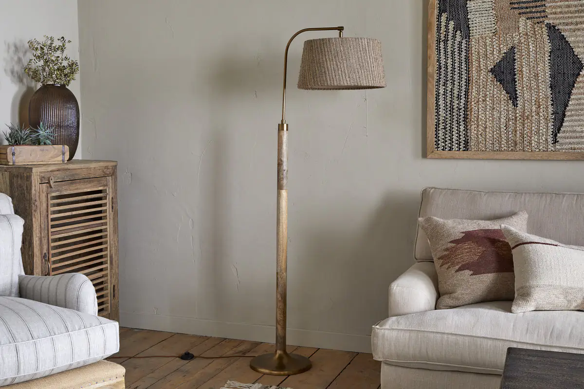 Nkuku - Kera Wood & Metal Floor Lamp - Antique Brass & Natural