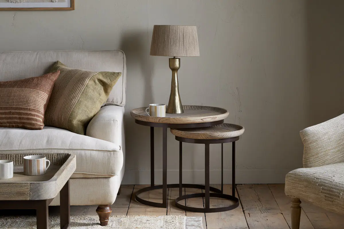 Nkuku - Nisha Carved Reclaimed Wood & Iron Nesting Side Tables - Natural