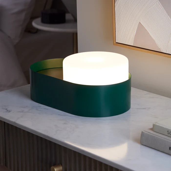 Northern Light - Windermere Opal Table Lamp - Green Brushed Brass Finish - Matt Opal Glass Drum 180mm Shade