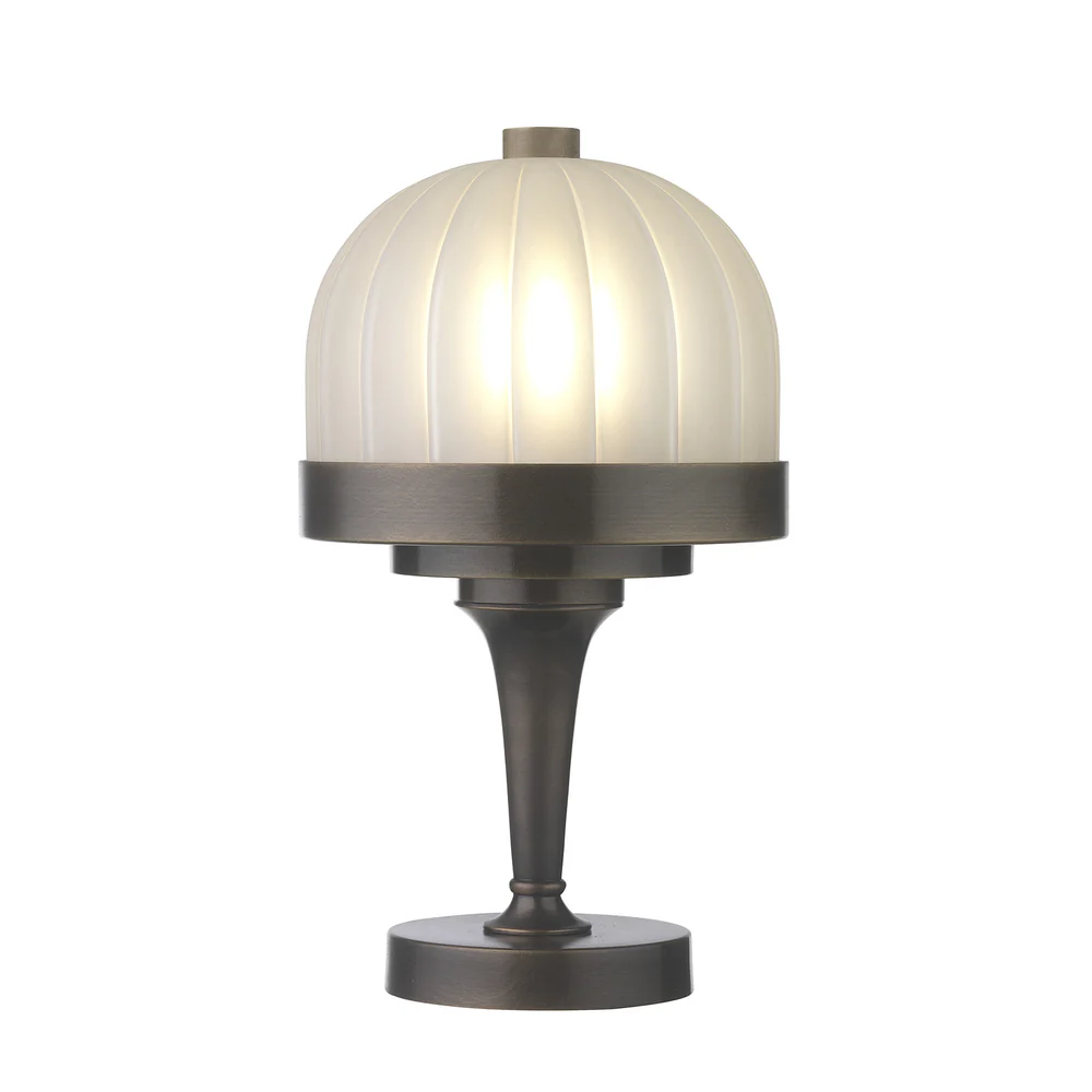 Northern Light - Mayer Rechargeable Table Lamp - Old English Brass Dark Finish - Frosted Reeded Glass Dome Shade