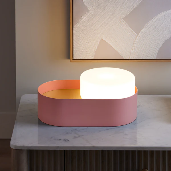 Northern Light - Windermere Opal Table Lamp - Pink Brushed Brass Finish - Matt Opal Glass Drum 180mm Shade